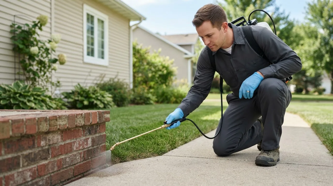 Pest control technician treating a home near Dixmont, ME