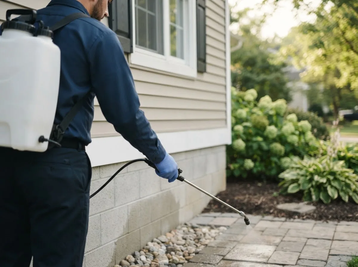 Pest control technician inspecting a home in Dixmont, ME